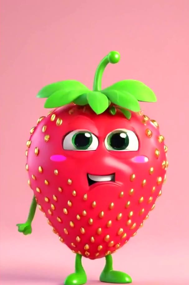 Chloé la Fraise, fraise anthropomorphe souriante aux grands yeux verts