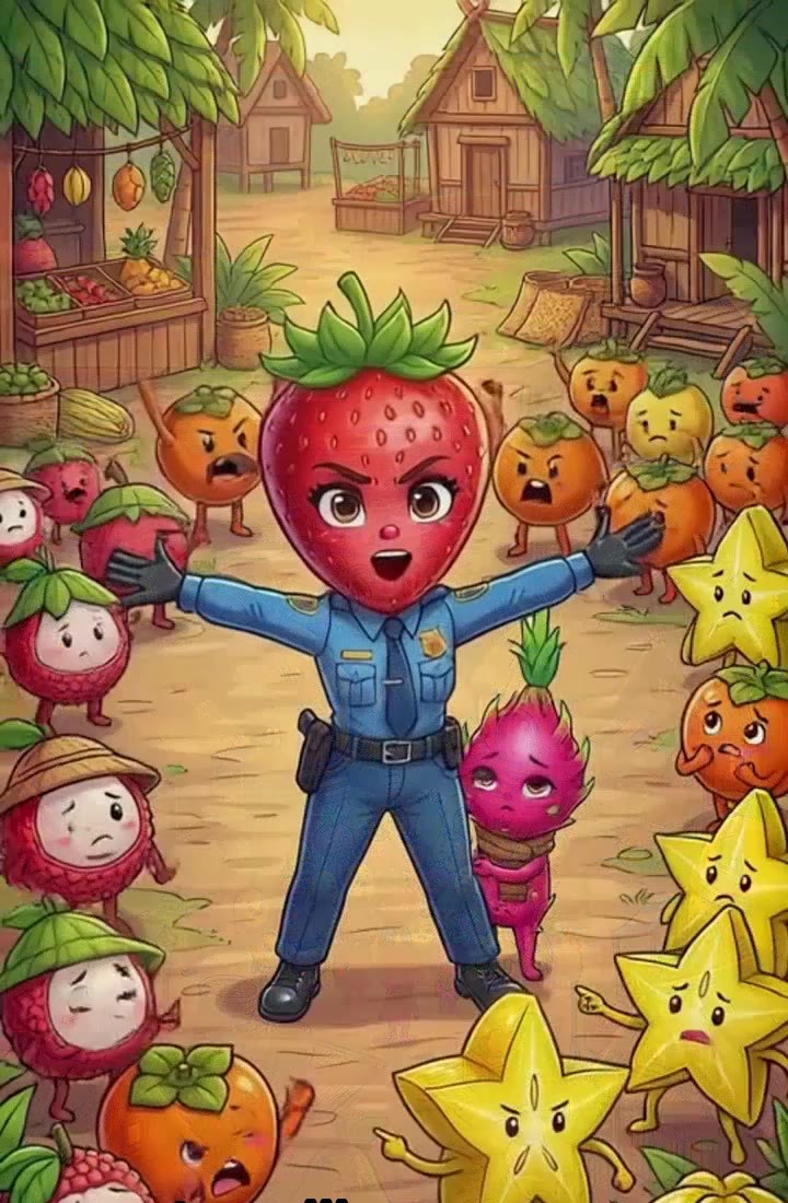 Scène de FruitVille : une fraise en uniforme protège un fruit du dragon dans un village